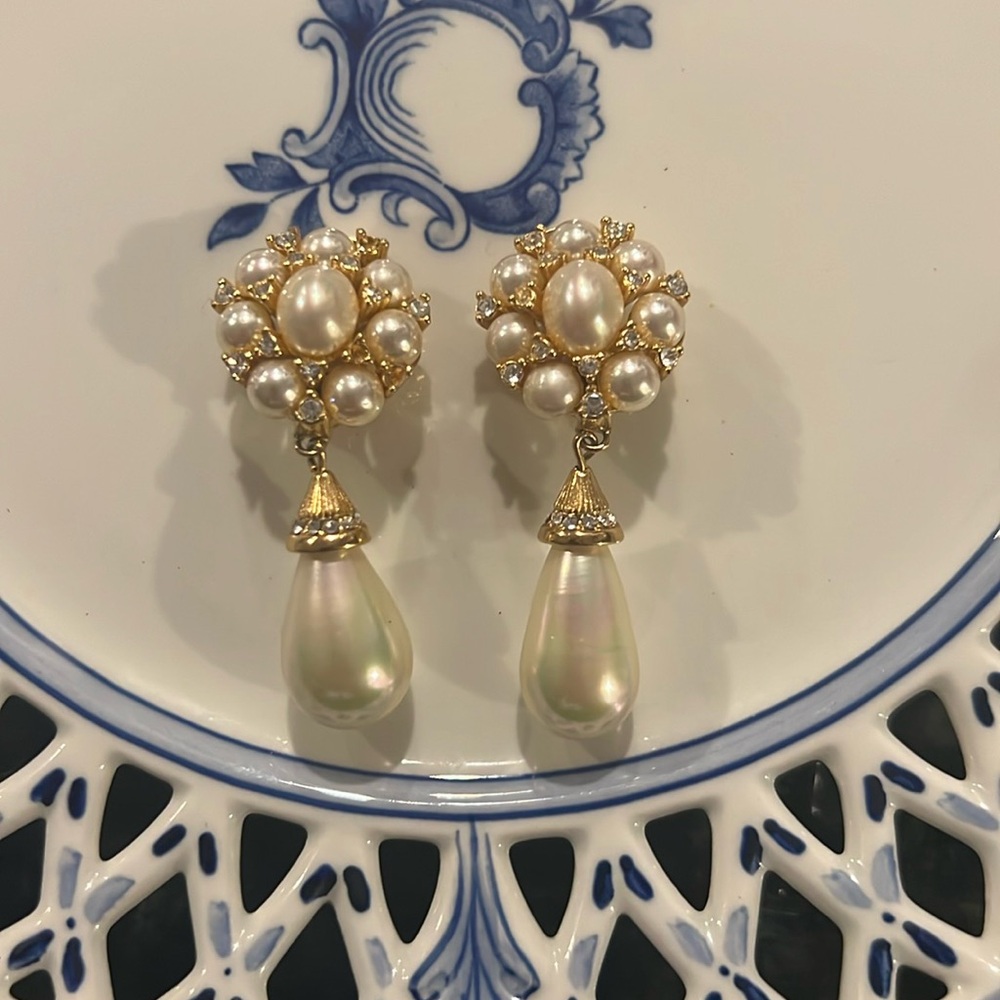 Christian Dior Vintage Clip-On Earrings Dripping in Crystals and Pearls